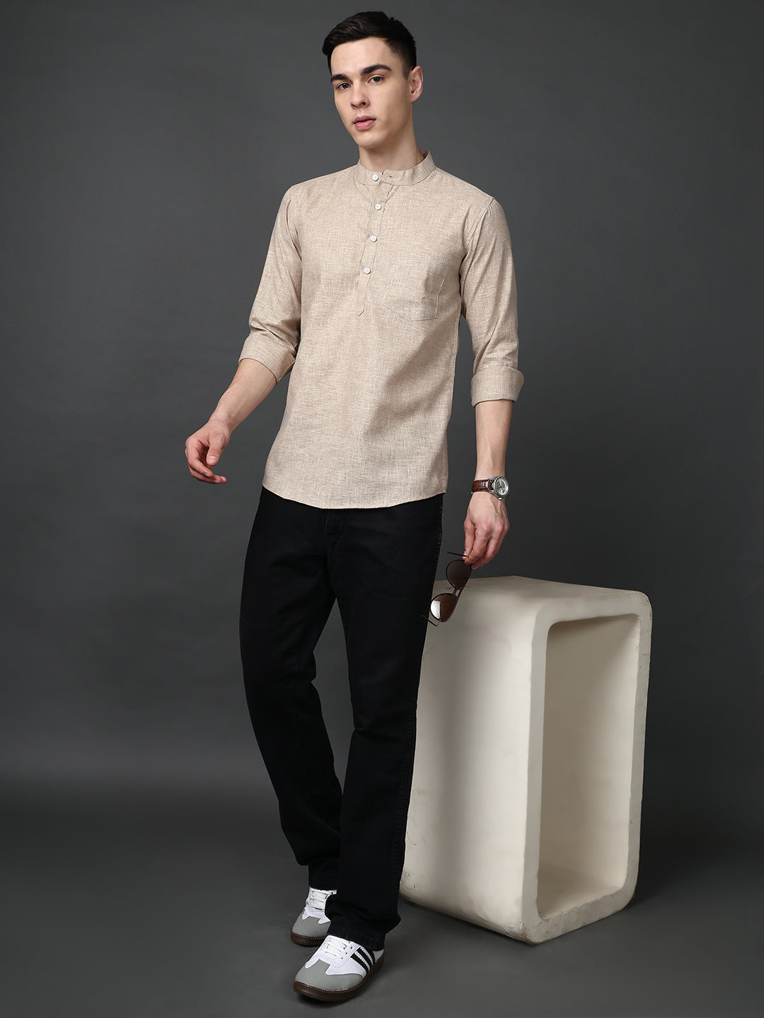 Solid Casual Short Kurta for Men ( ANMKO 302Beige )