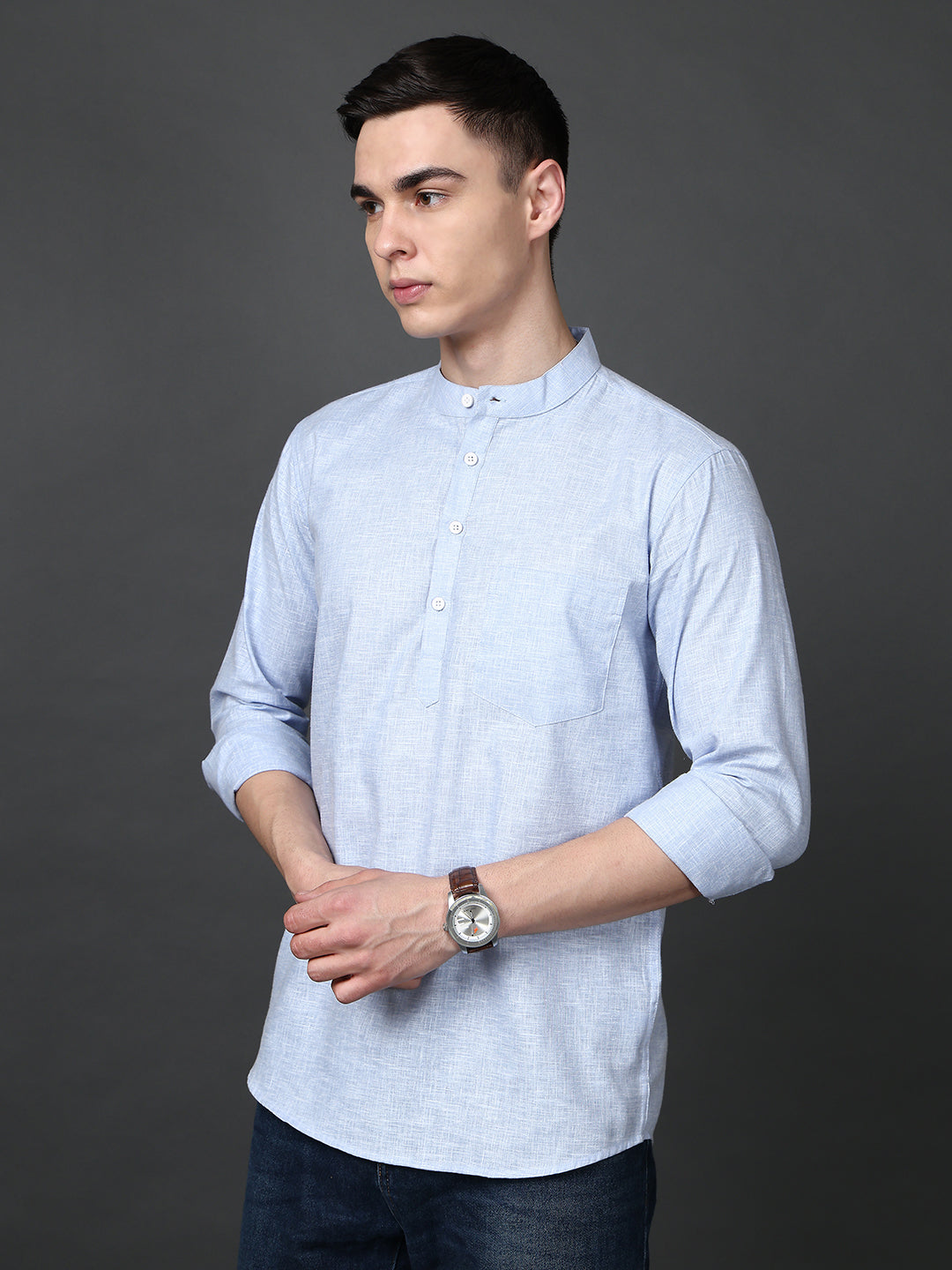 Solid Casual Short Kurta for Men ( ANMKO 302Blue )