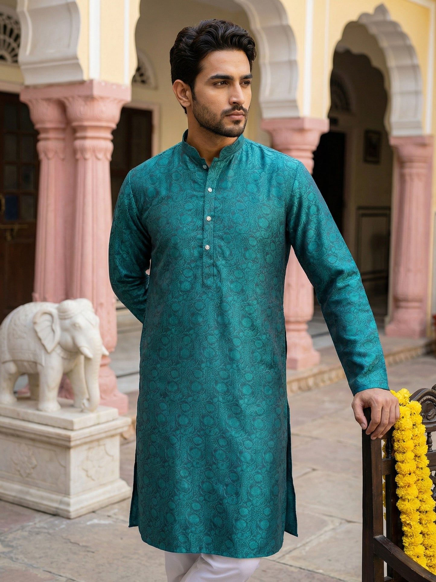Men Silk Blend Ethnic Kurta ( ANMKO 303Green )