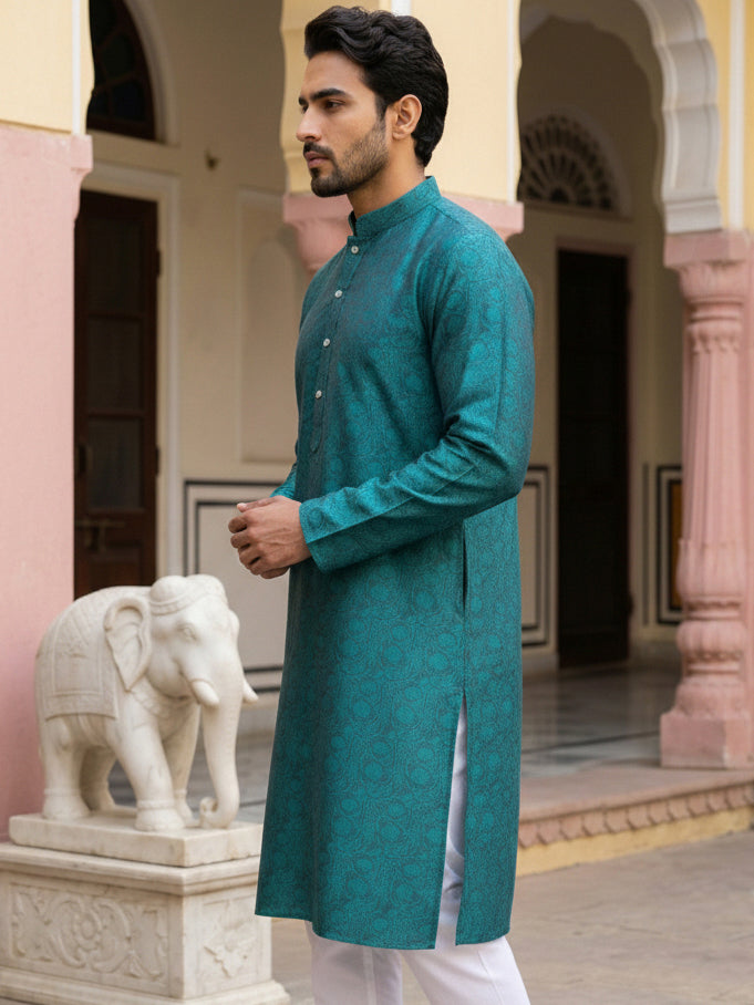 Men Silk Blend Ethnic Kurta ( ANMKO 303Green )