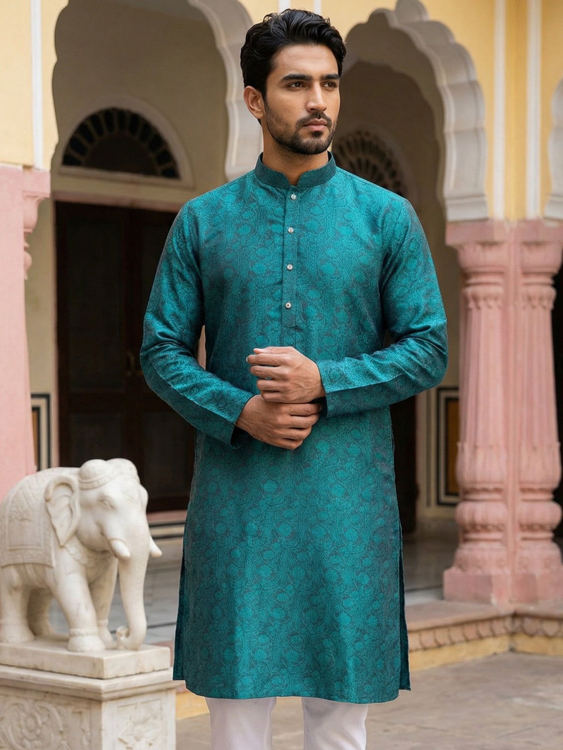 Men Silk Blend Ethnic Kurta ( ANMKO 303Green )