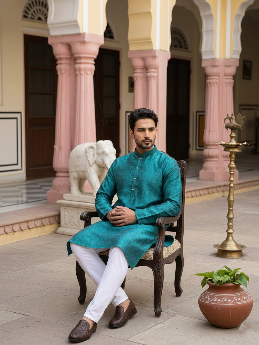 Men Silk Blend Ethnic Kurta ( ANMKO 303Green )