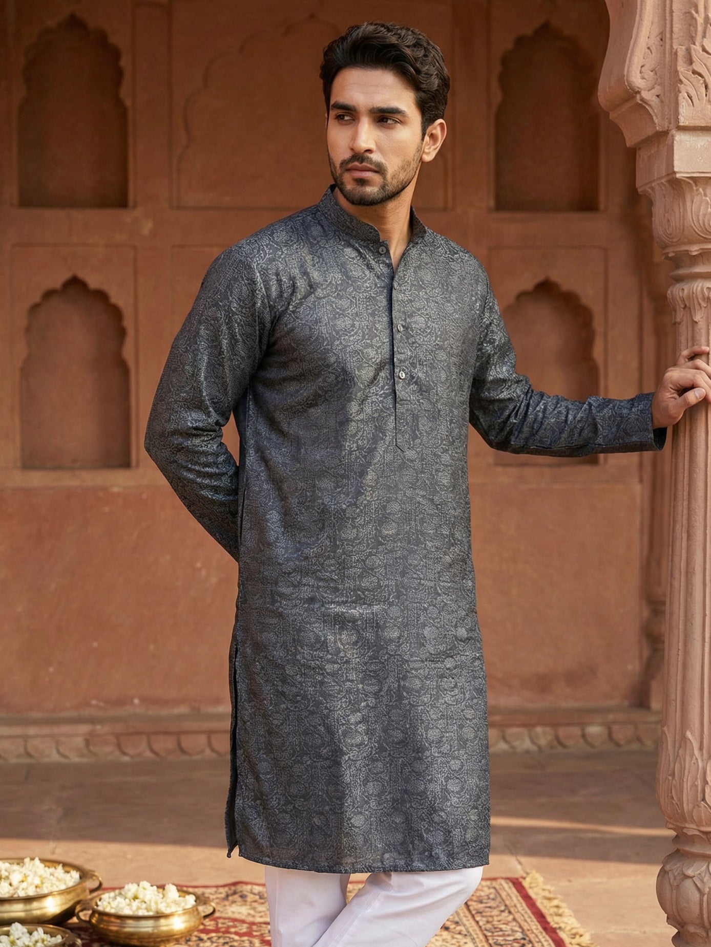 Men Silk Blend Ethnic Kurta ( ANMKO 303Silver )