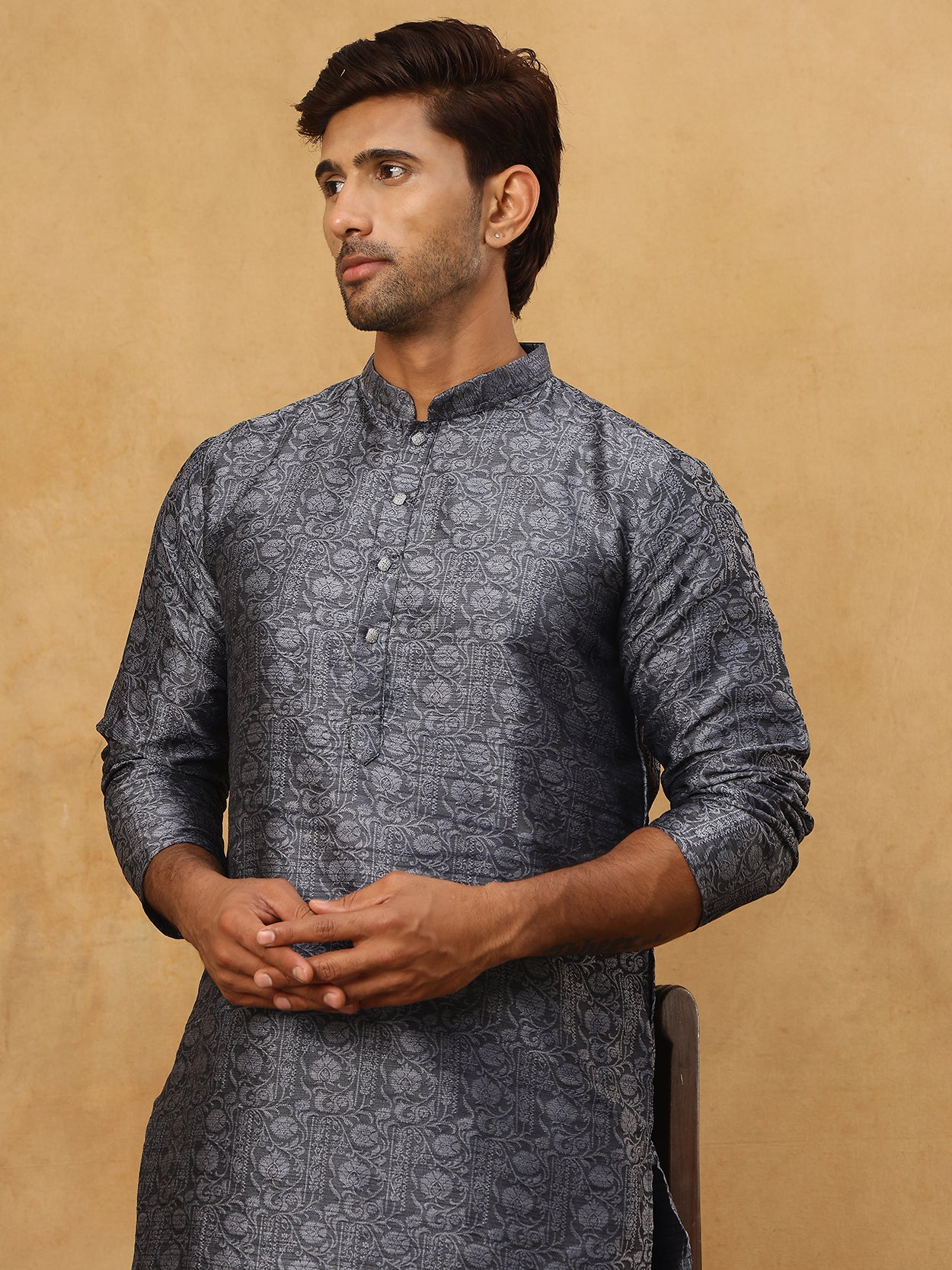 Men Silk Blend Ethnic Kurta Pyjama Set ( ANMKP B-P 303Silver )