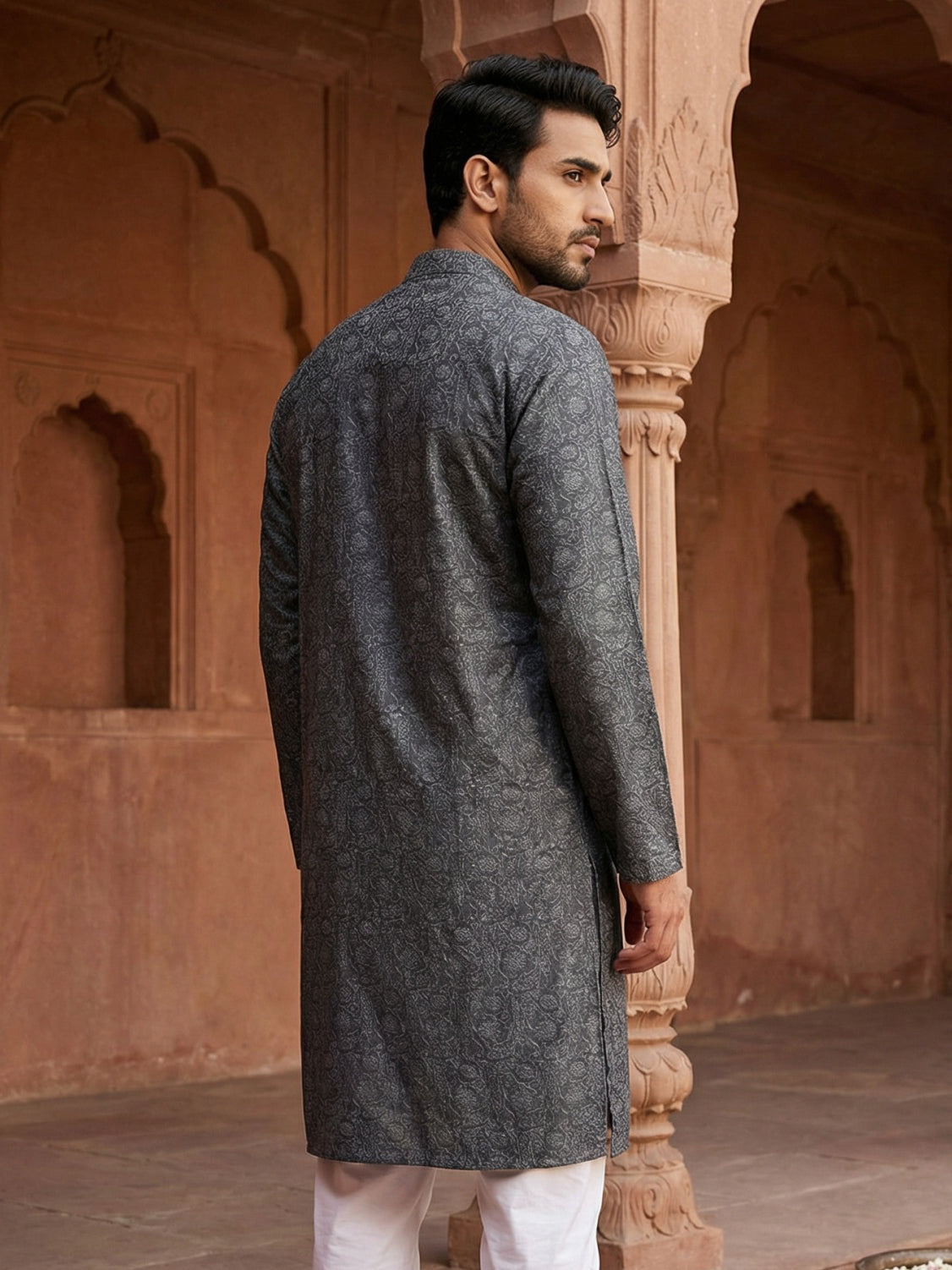 Men Silk Blend Ethnic Kurta ( ANMKO 303Silver )