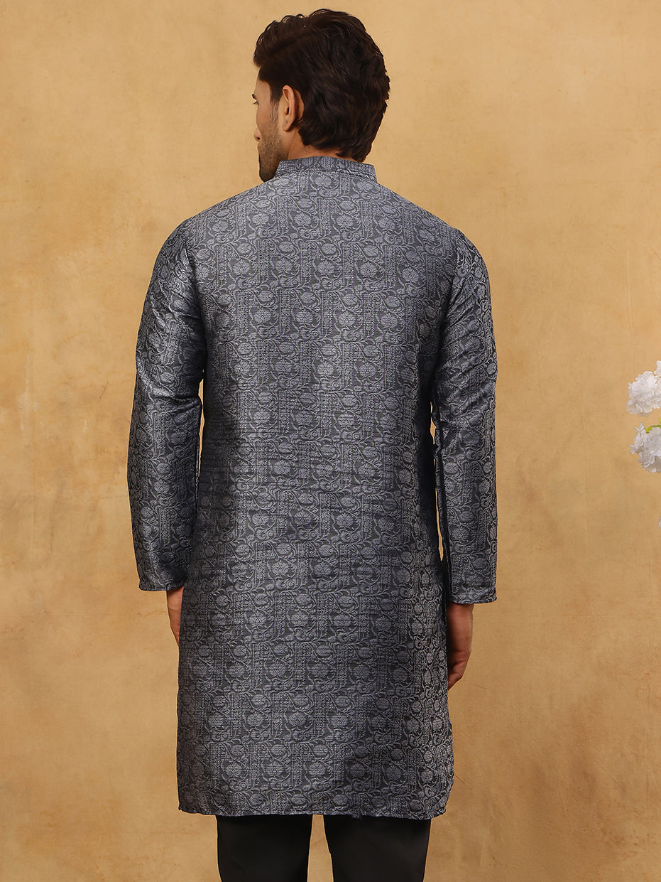 Men Silk Blend Ethnic Kurta Pyjama Set ( ANMKP B-P 303Silver )