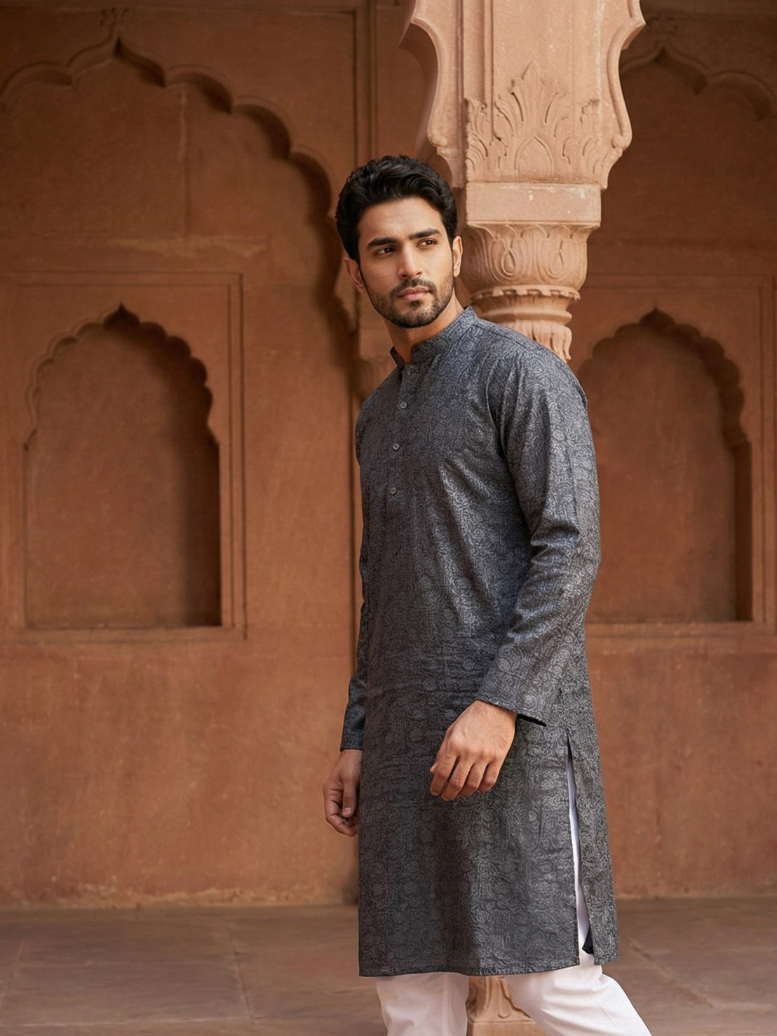 Men Silk Blend Ethnic Kurta ( ANMKO 303Silver )