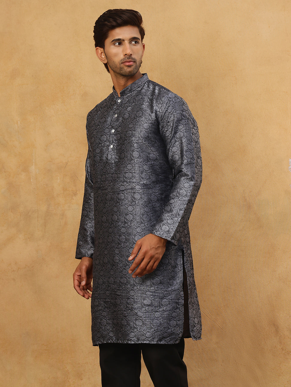 Men Silk Blend Ethnic Kurta Pyjama Set ( ANMKP B-P 303Silver )