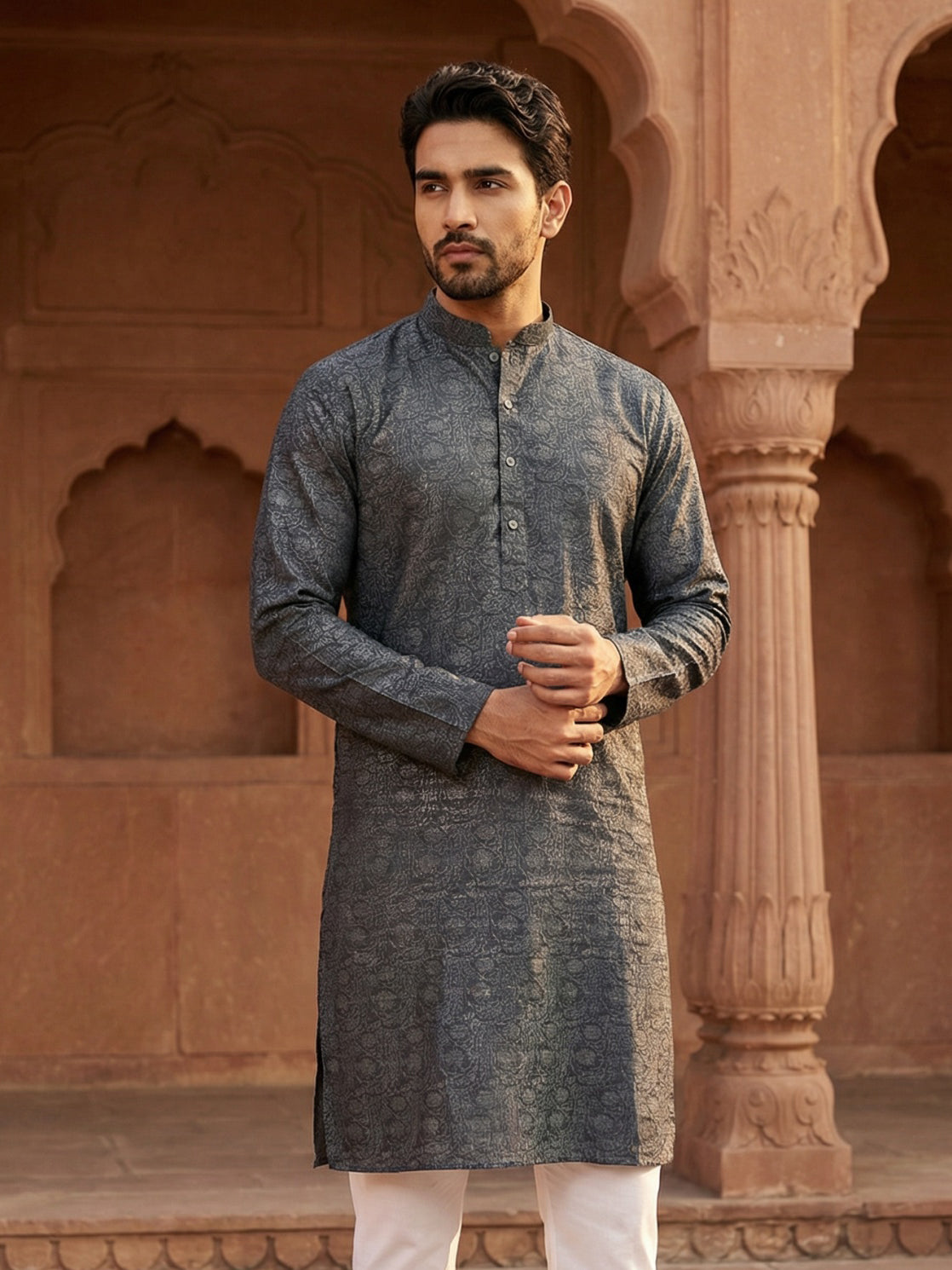 Men Silk Blend Ethnic Kurta ( ANMKO 303Silver )