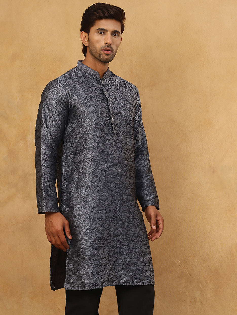 Men Silk Blend Ethnic Kurta Pyjama Set ( ANMKP B-P 303Silver )