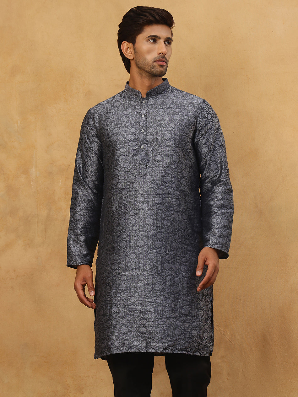 Men Silk Blend Ethnic Kurta Pyjama Set ( ANMKP B-P 303Silver )