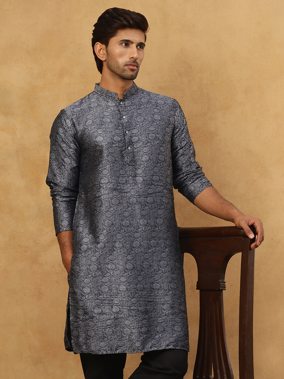 Men Silk Blend Ethnic Kurta Pyjama Set ( ANMKP B-P 303Silver )