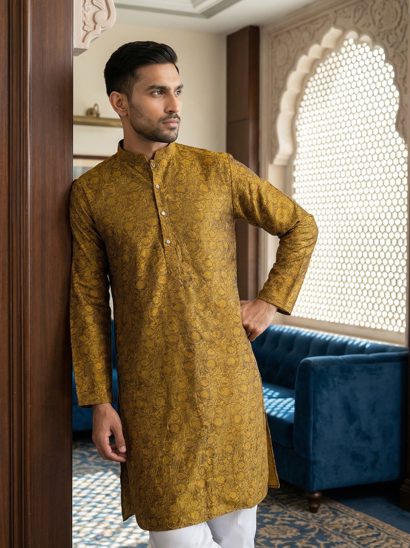 Men Silk Blend Ethnic Kurta ( ANMKO 303Yellow )
