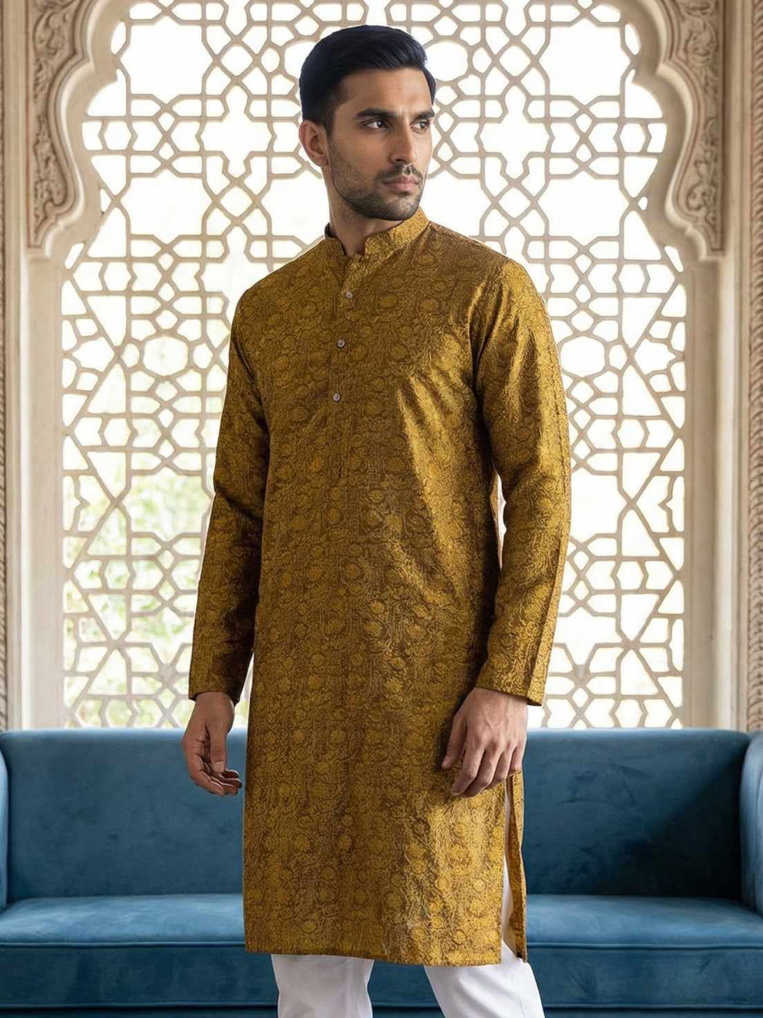 Men Silk Blend Ethnic Kurta ( ANMKO 303Yellow )