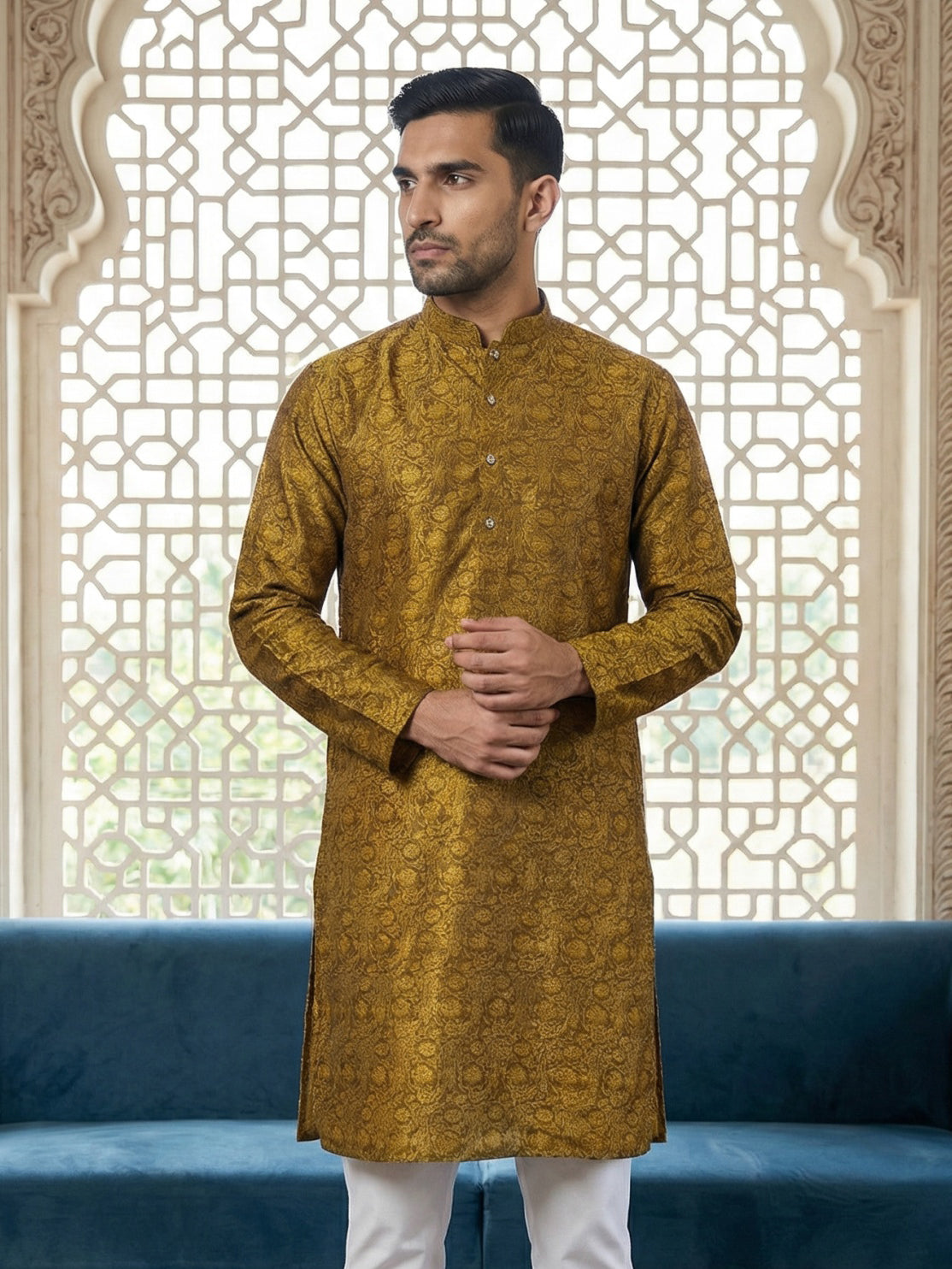 Men Silk Blend Ethnic Kurta ( ANMKO 303Yellow )