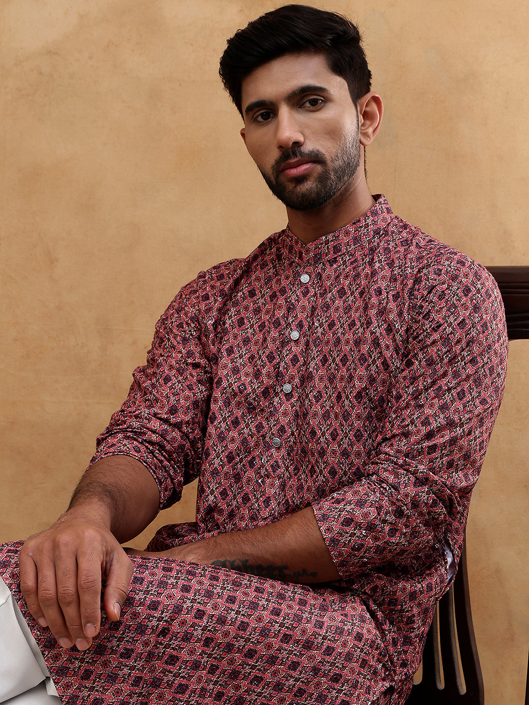 Cotton Blend Printed & Embroidered Kurta ( ANMKO 308Maroon )
