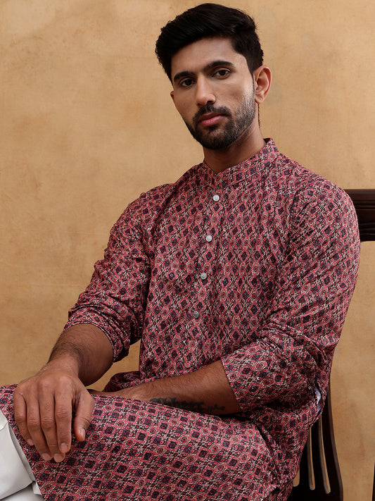 Cotton Blend Printed & Embroidered Kurta ( ANMKO 308Maroon )