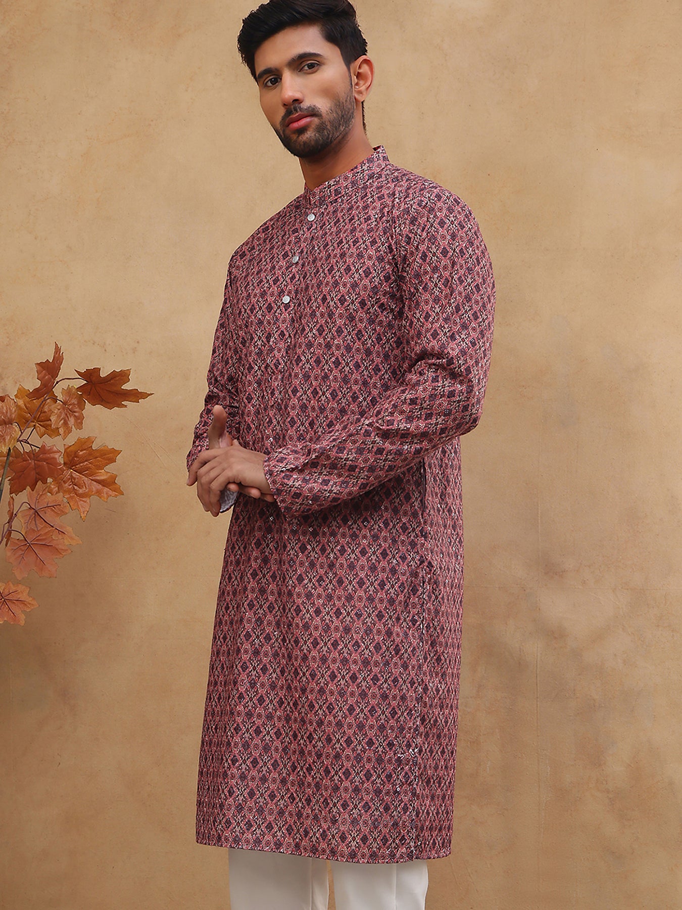 Cotton Blend Printed & Embroidered Kurta ( ANMKO 308Maroon )