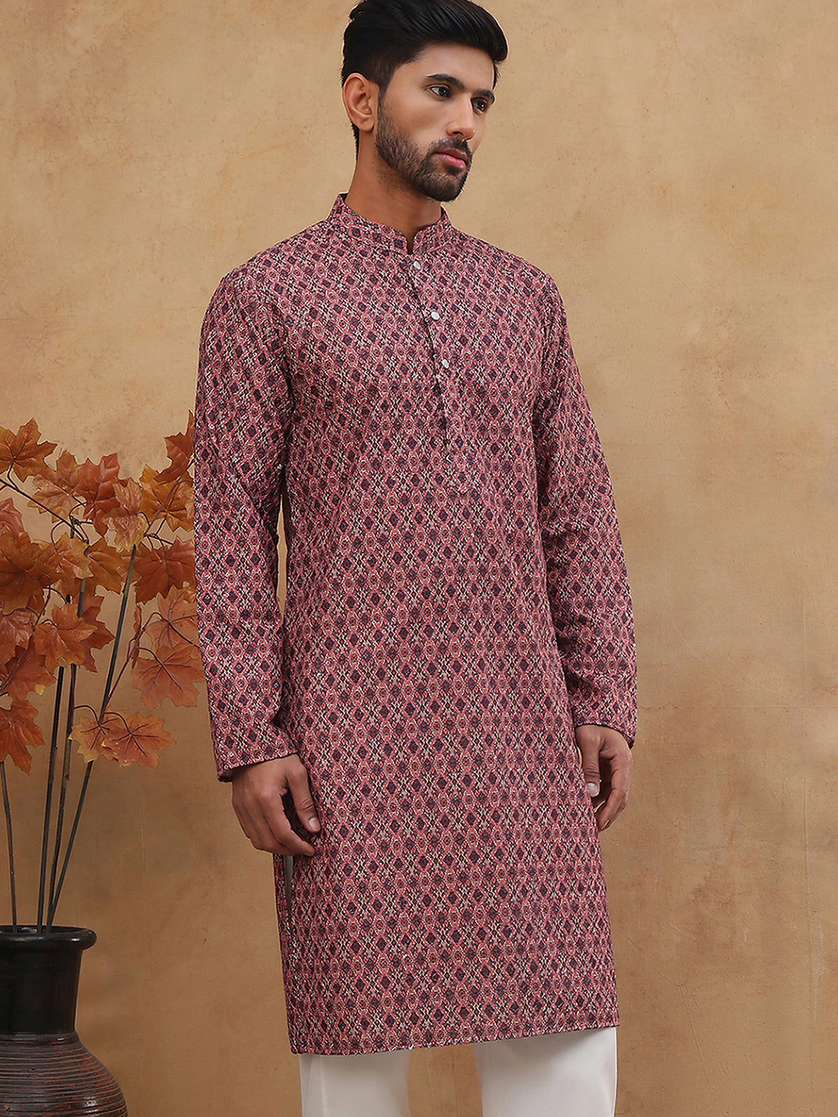 Cotton Blend Printed & Embroidered Kurta ( ANMKO 308Maroon )