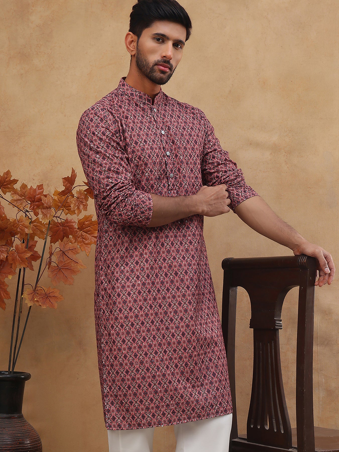 Cotton Blend Printed & Embroidered Kurta ( ANMKO 308Maroon )