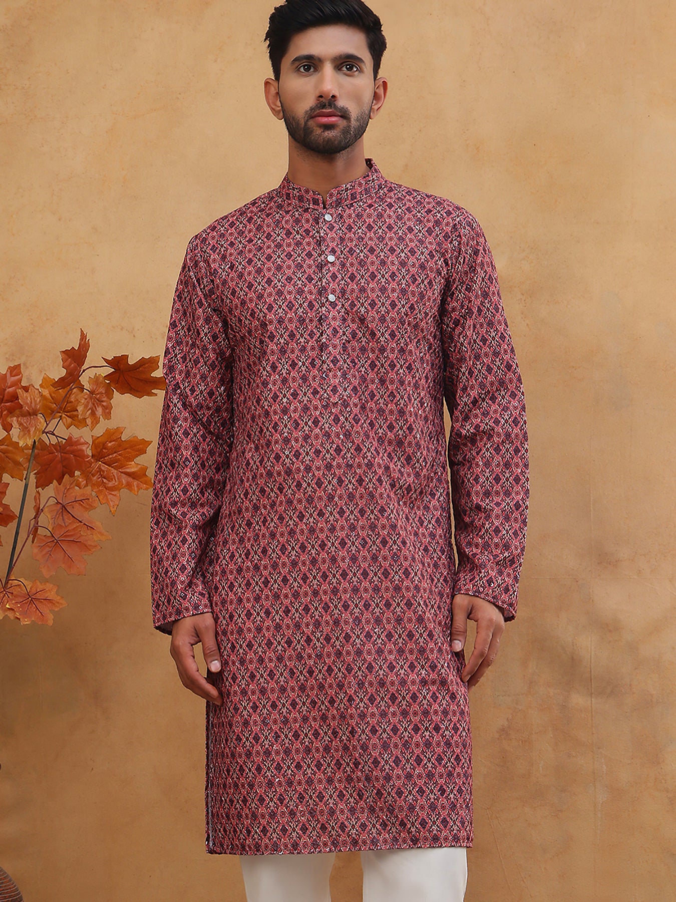 Cotton Blend Printed & Embroidered Kurta ( ANMKO 308Maroon )