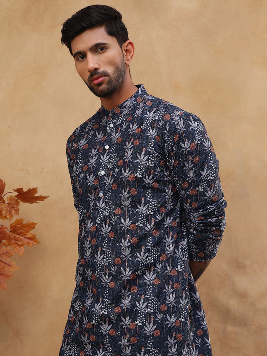 Cotton Blend Printed & Embroidered Kurta ( ANMKO 308Navy )