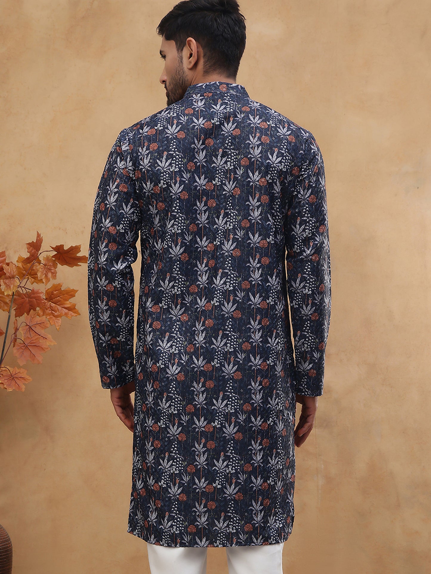 Cotton Blend Printed & Embroidered Kurta ( ANMKO 308Navy )