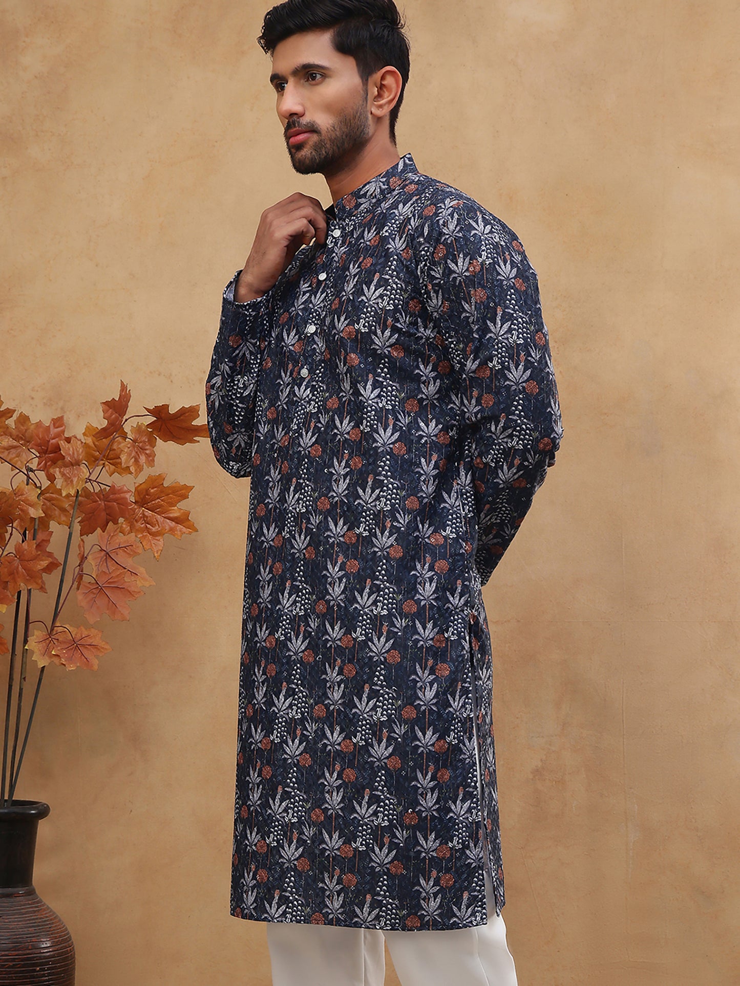 Cotton Blend Printed & Embroidered Kurta ( ANMKO 308Navy )