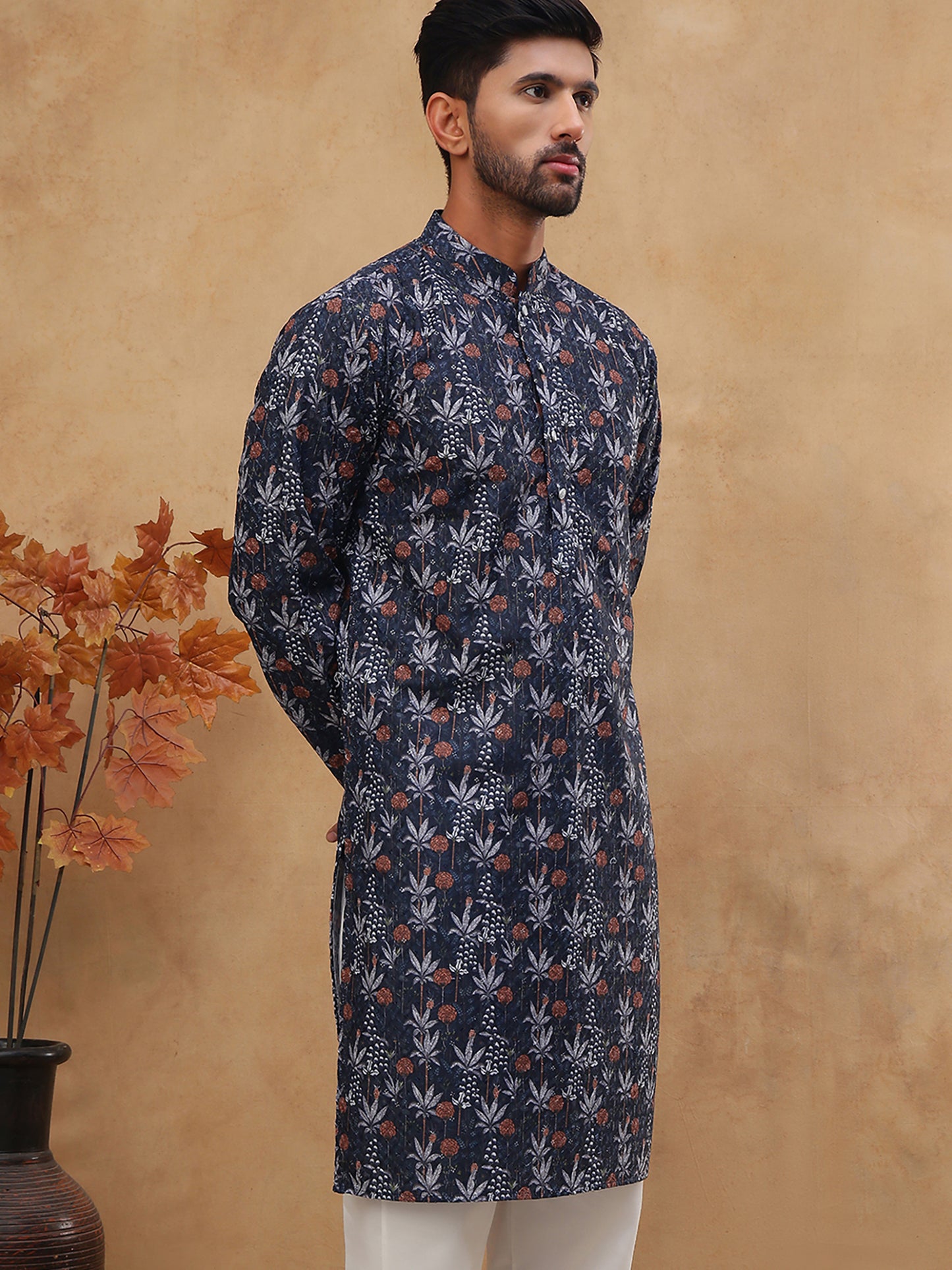 Cotton Blend Printed & Embroidered Kurta ( ANMKO 308Navy )