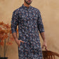 Cotton Blend Printed & Embroidered Kurta ( ANMKO 308Navy )