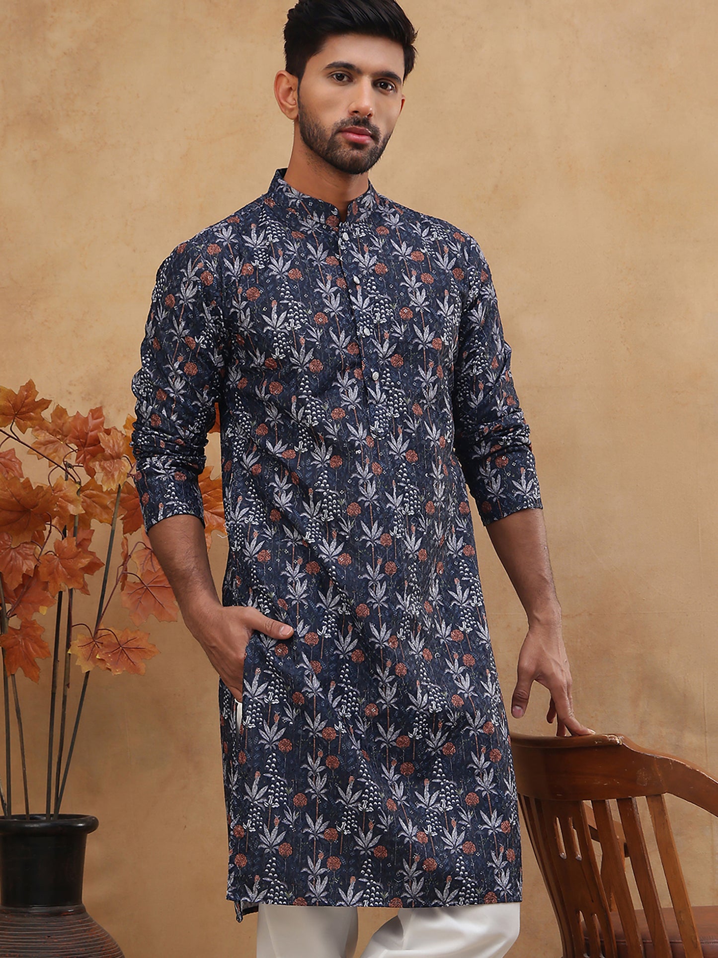 Cotton Blend Printed & Embroidered Kurta ( ANMKO 308Navy )