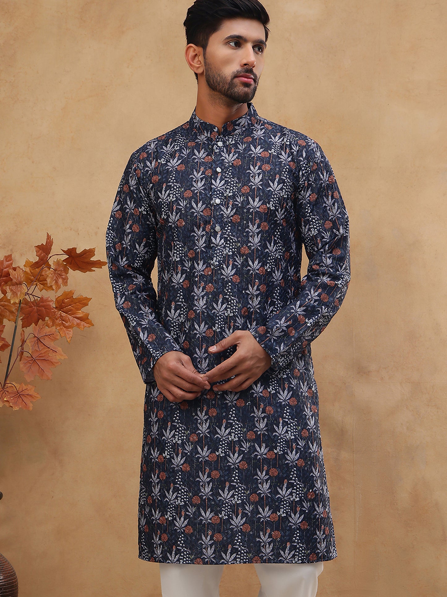 Cotton Blend Printed & Embroidered Kurta ( ANMKO 308Navy )