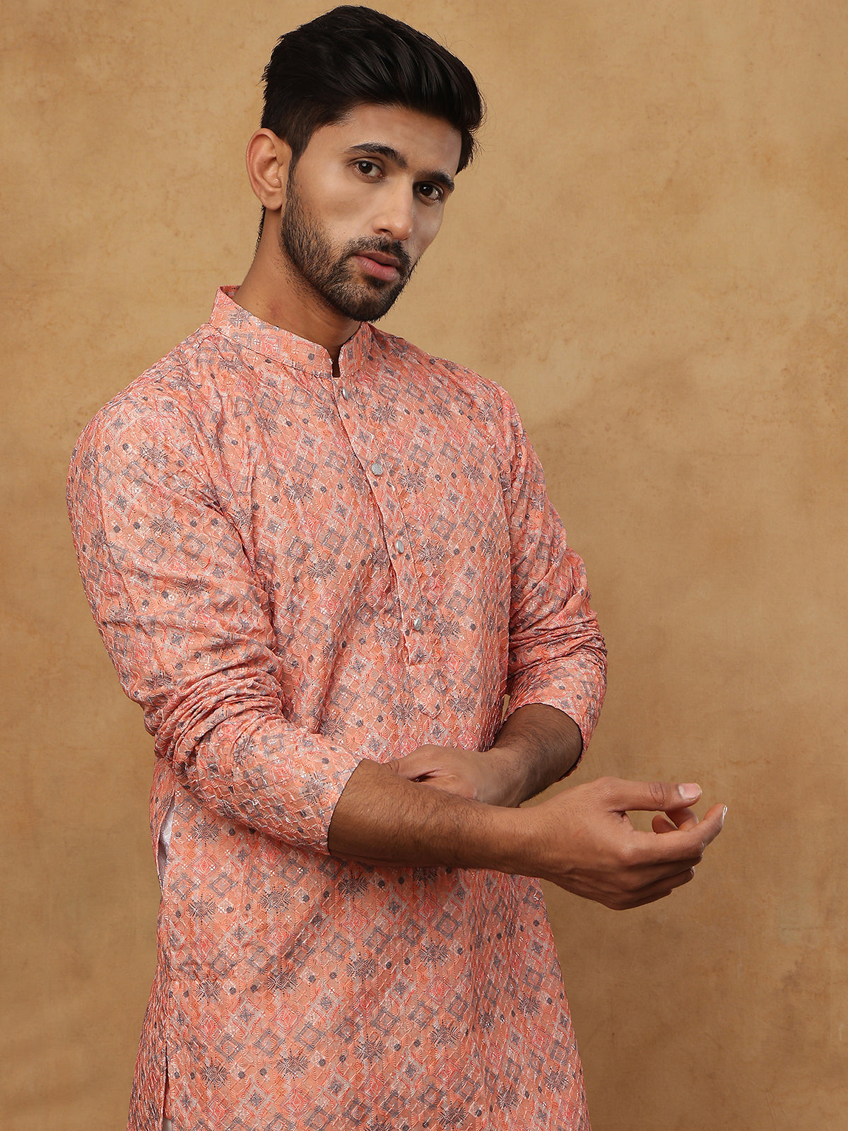 Cotton Blend Printed & Embroidered Kurta ( ANMKO 308Orange )