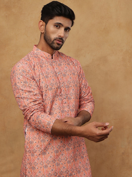 Cotton Blend Printed & Embroidered Kurta ( ANMKO 308Orange )