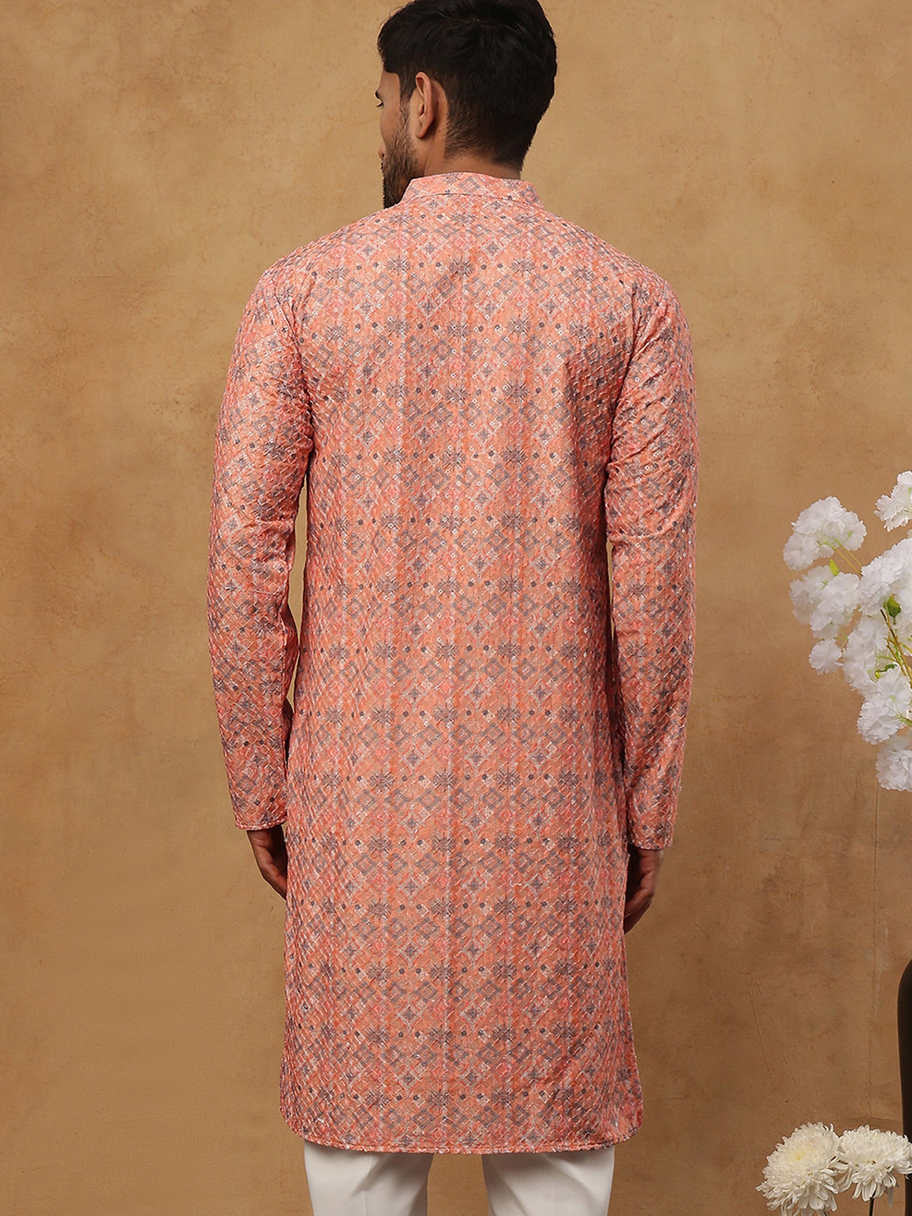 Cotton Blend Printed & Embroidered Kurta ( ANMKO 308Orange )