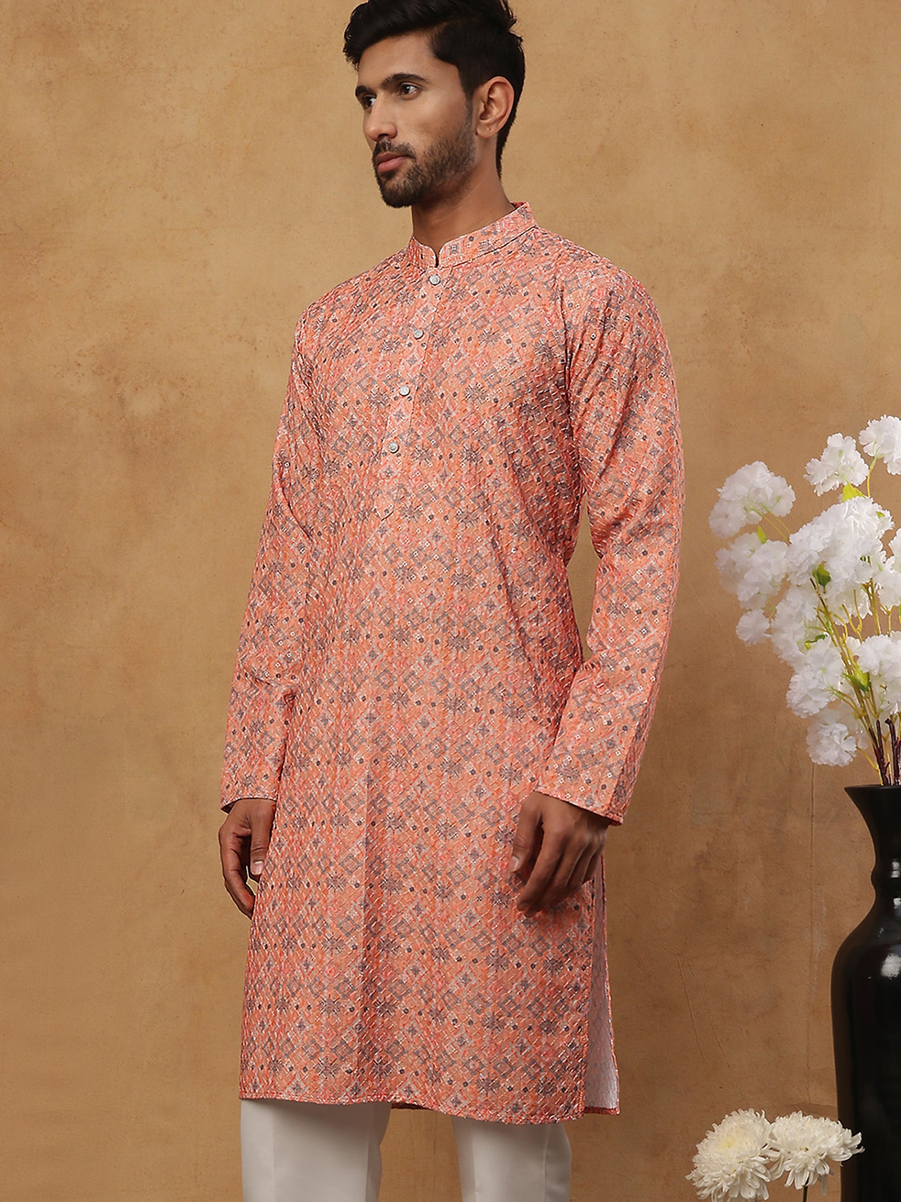 Cotton Blend Printed & Embroidered Kurta ( ANMKO 308Orange )