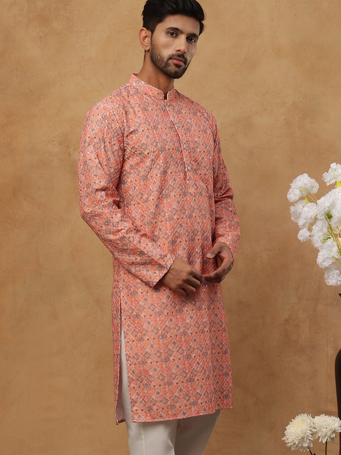 Cotton Blend Printed & Embroidered Kurta ( ANMKO 308Orange )
