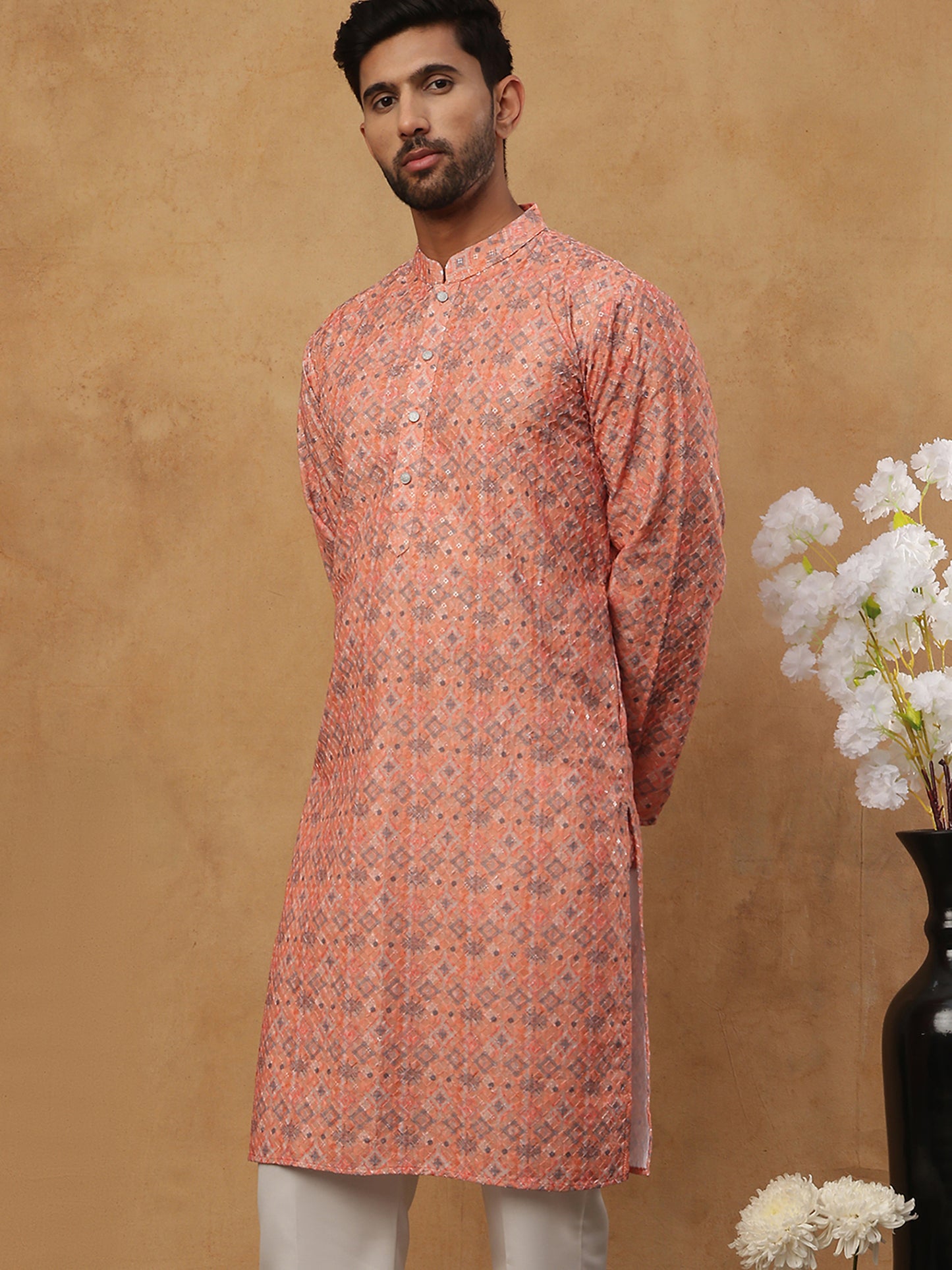 Cotton Blend Printed & Embroidered Kurta ( ANMKO 308Orange )