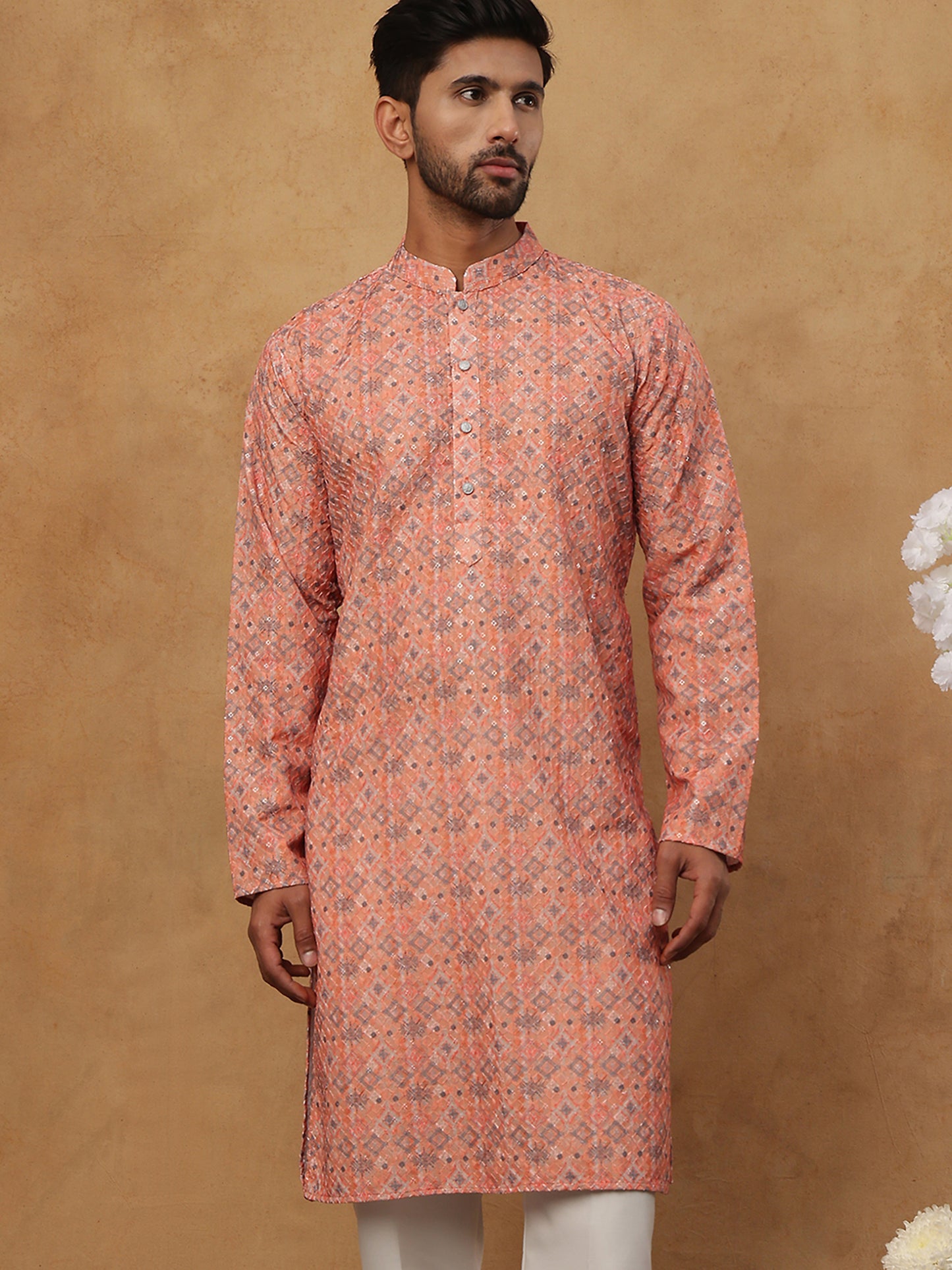 Cotton Blend Printed & Embroidered Kurta ( ANMKO 308Orange )