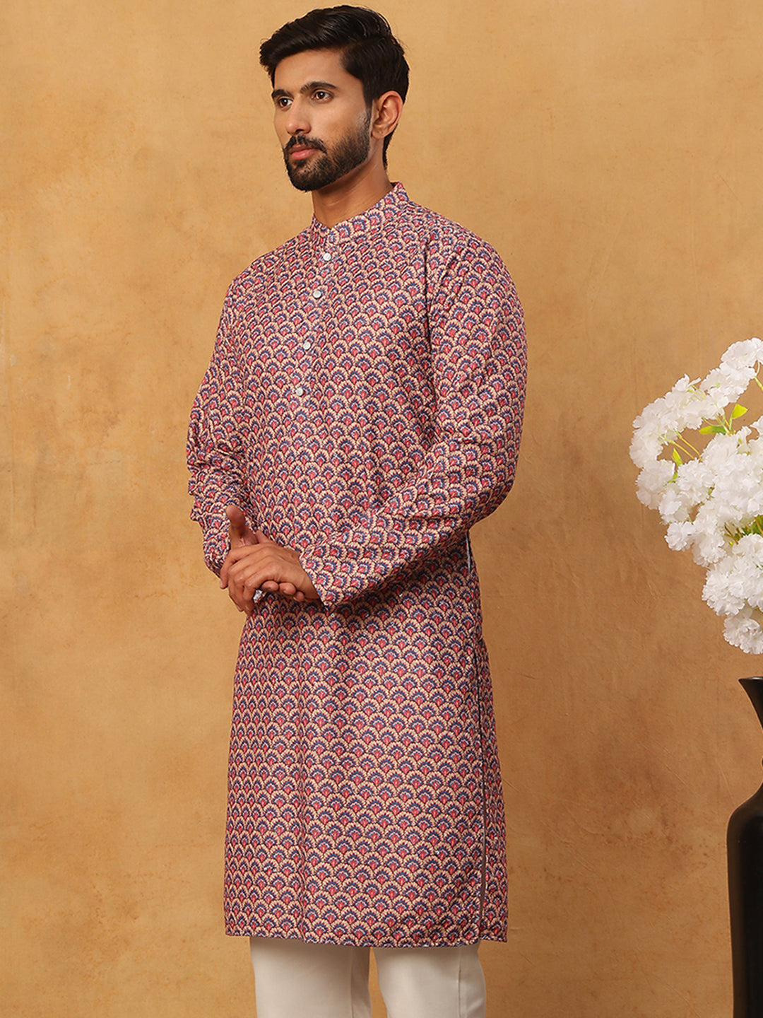 Cotton Blend Printed & Embroidered Kurta ( ANMKO 308Red )