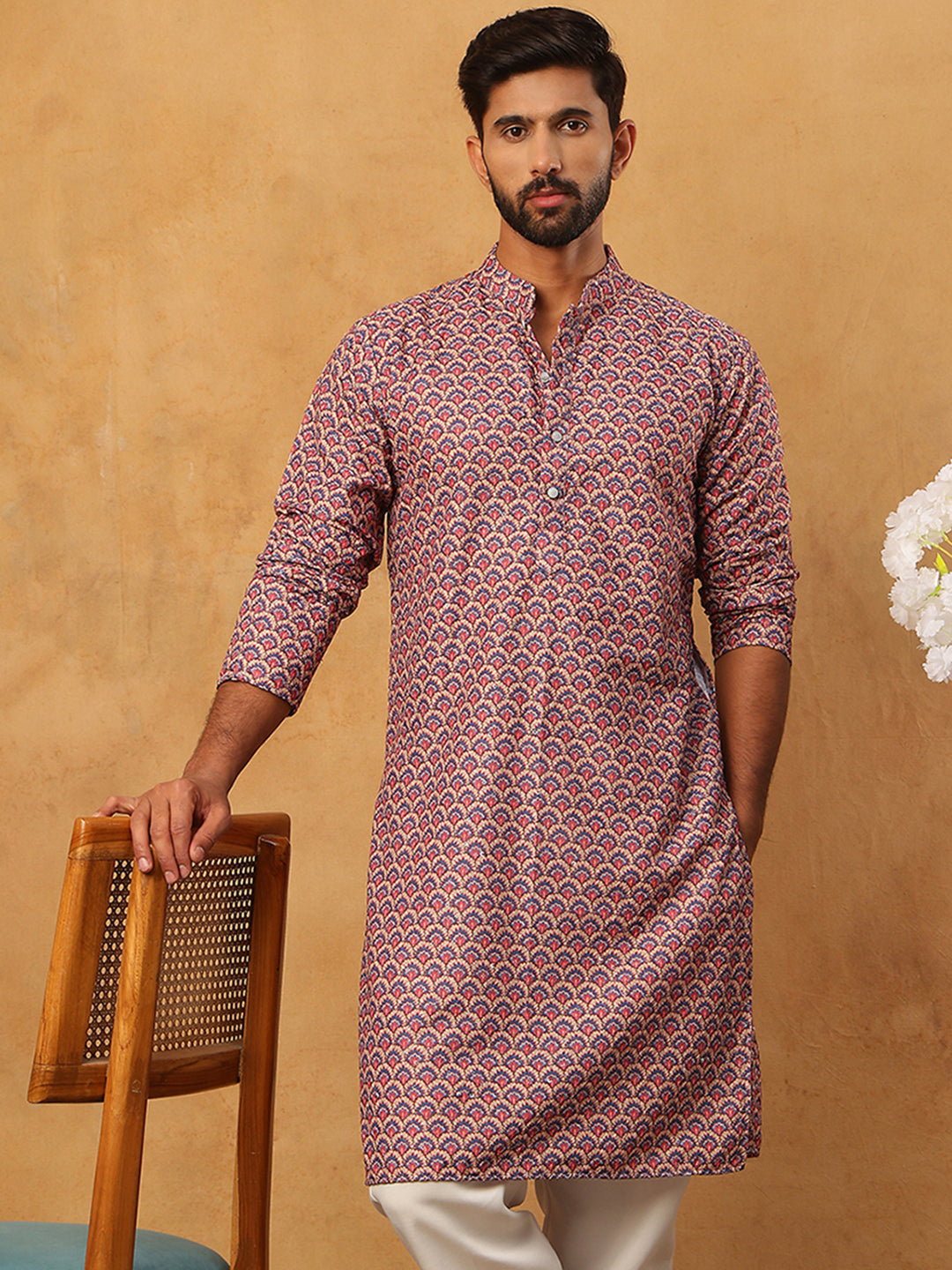 Cotton Blend Printed & Embroidered Kurta ( ANMKO 308Red )