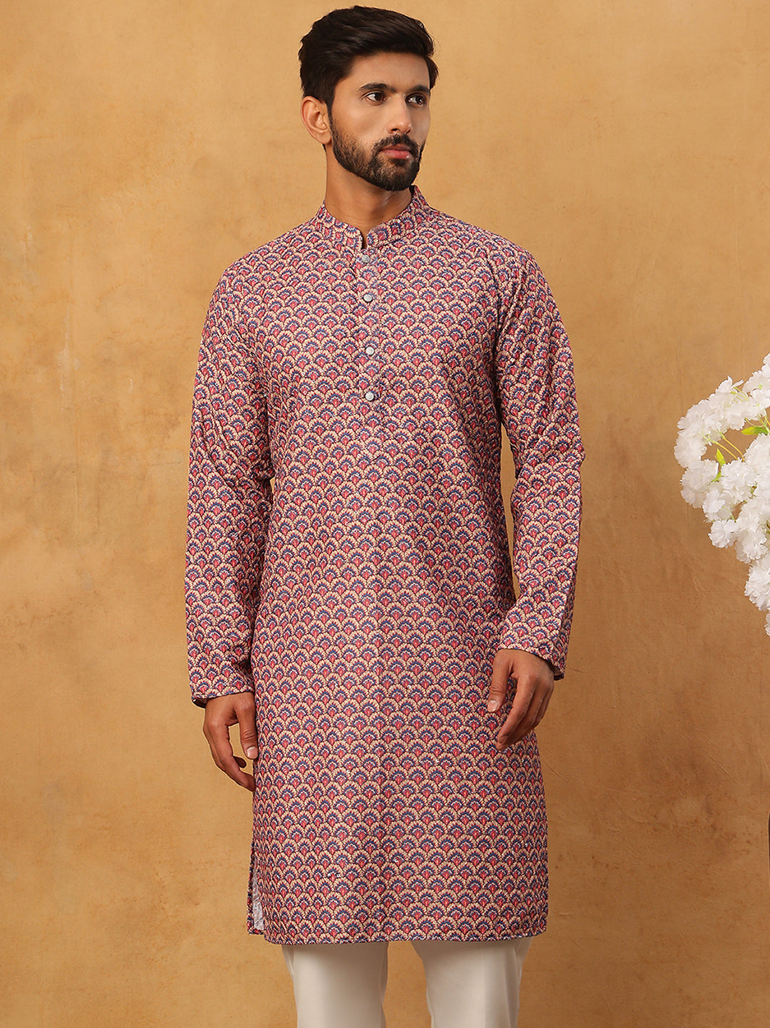 Cotton Blend Printed & Embroidered Kurta ( ANMKO 308Red )