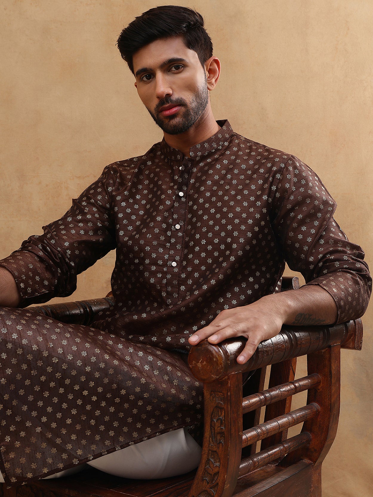 Men Silk Blend Printed Kurta ( ANMKO 309Brown )