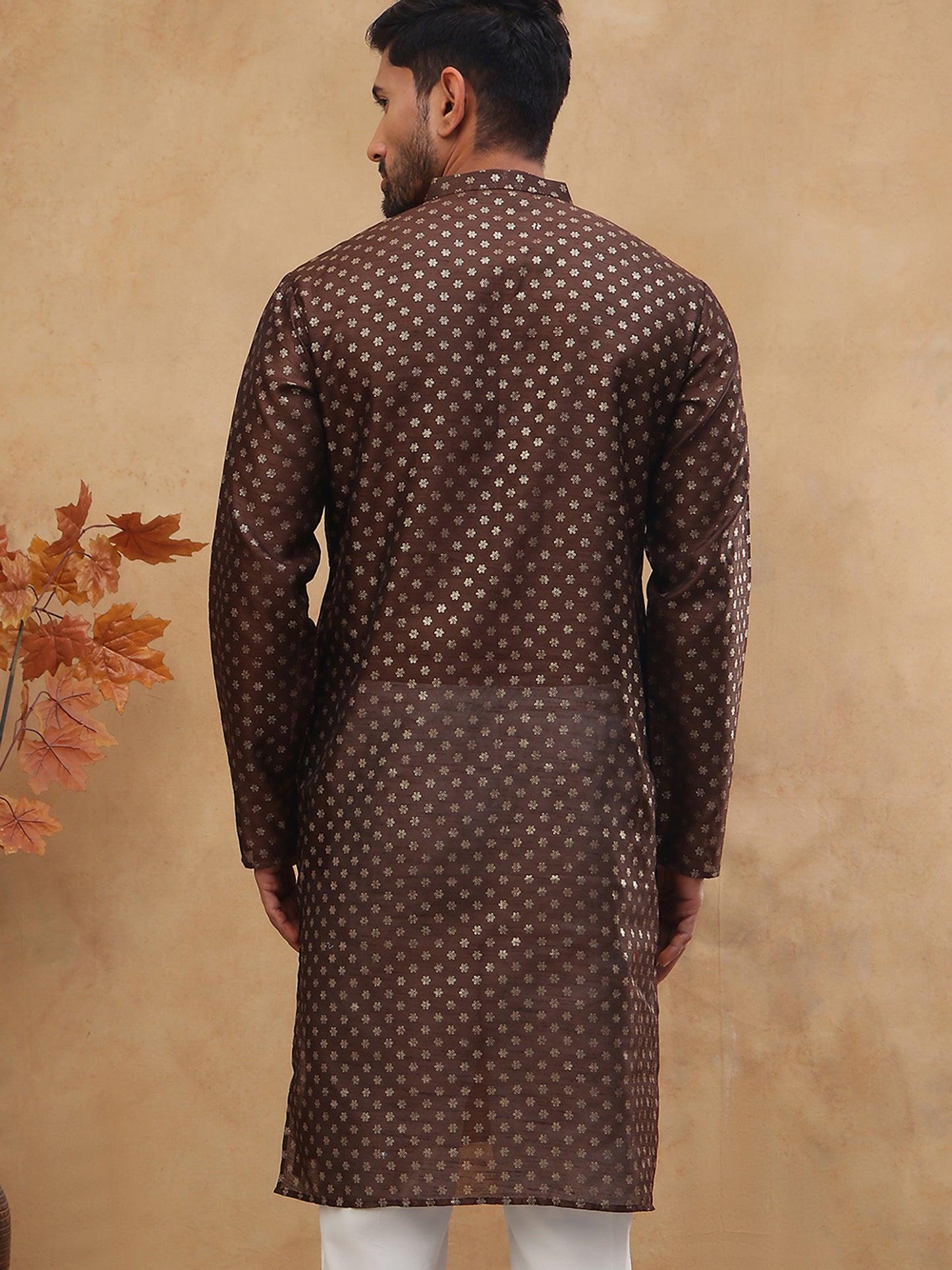 Men Silk Blend Printed Kurta ( ANMKO 309Brown )