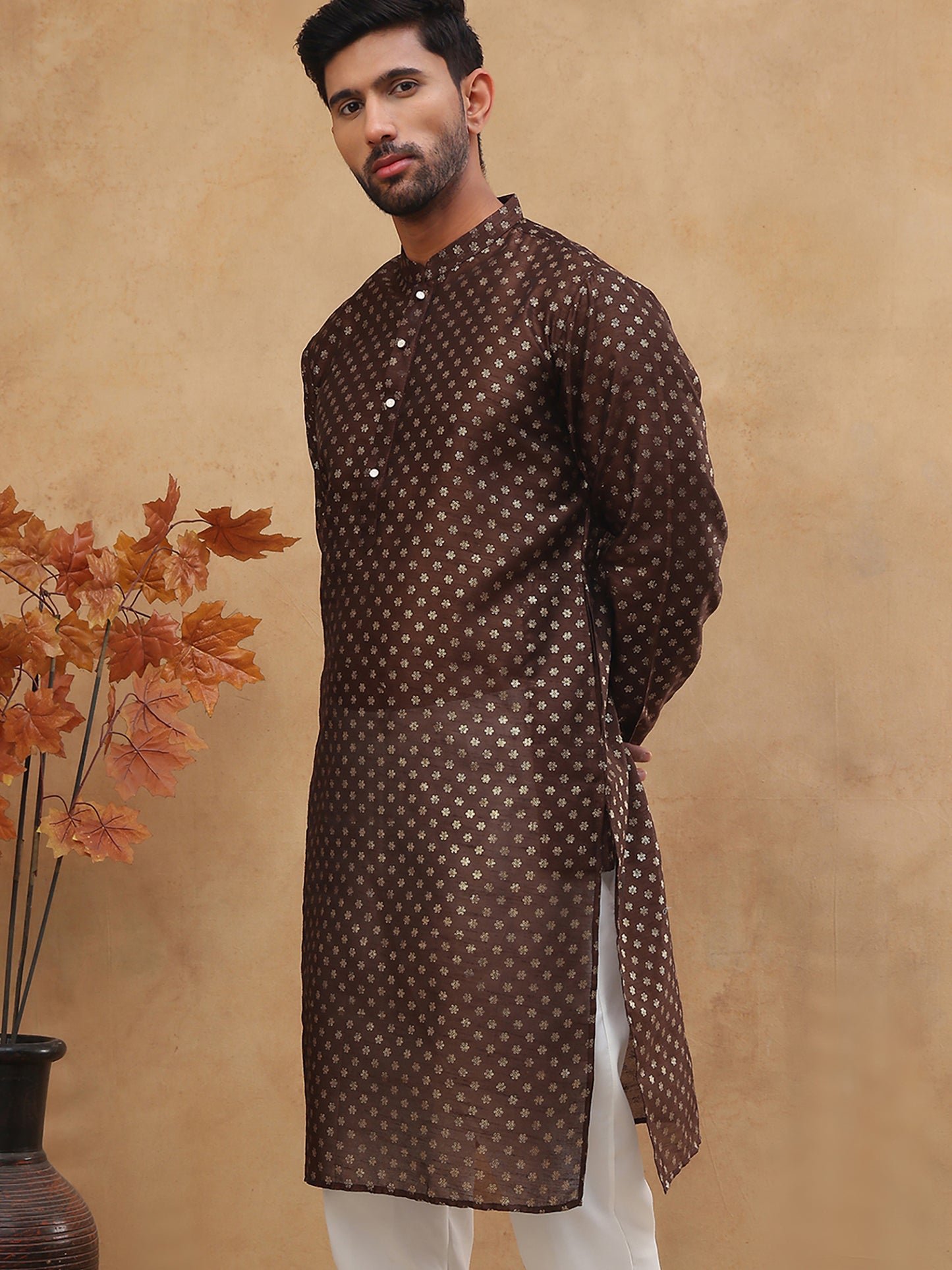 Men Silk Blend Printed Kurta ( ANMKO 309Brown )
