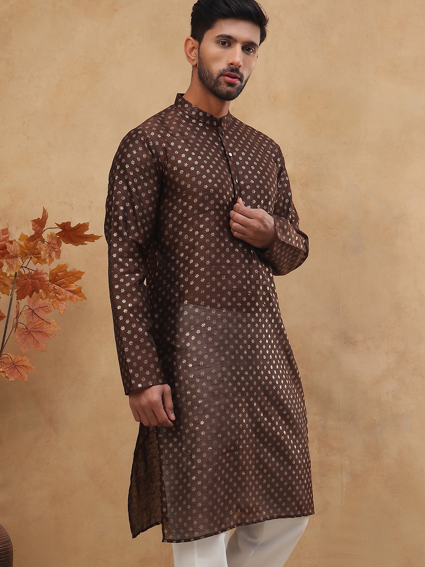 Men Silk Blend Printed Kurta ( ANMKO 309Brown )