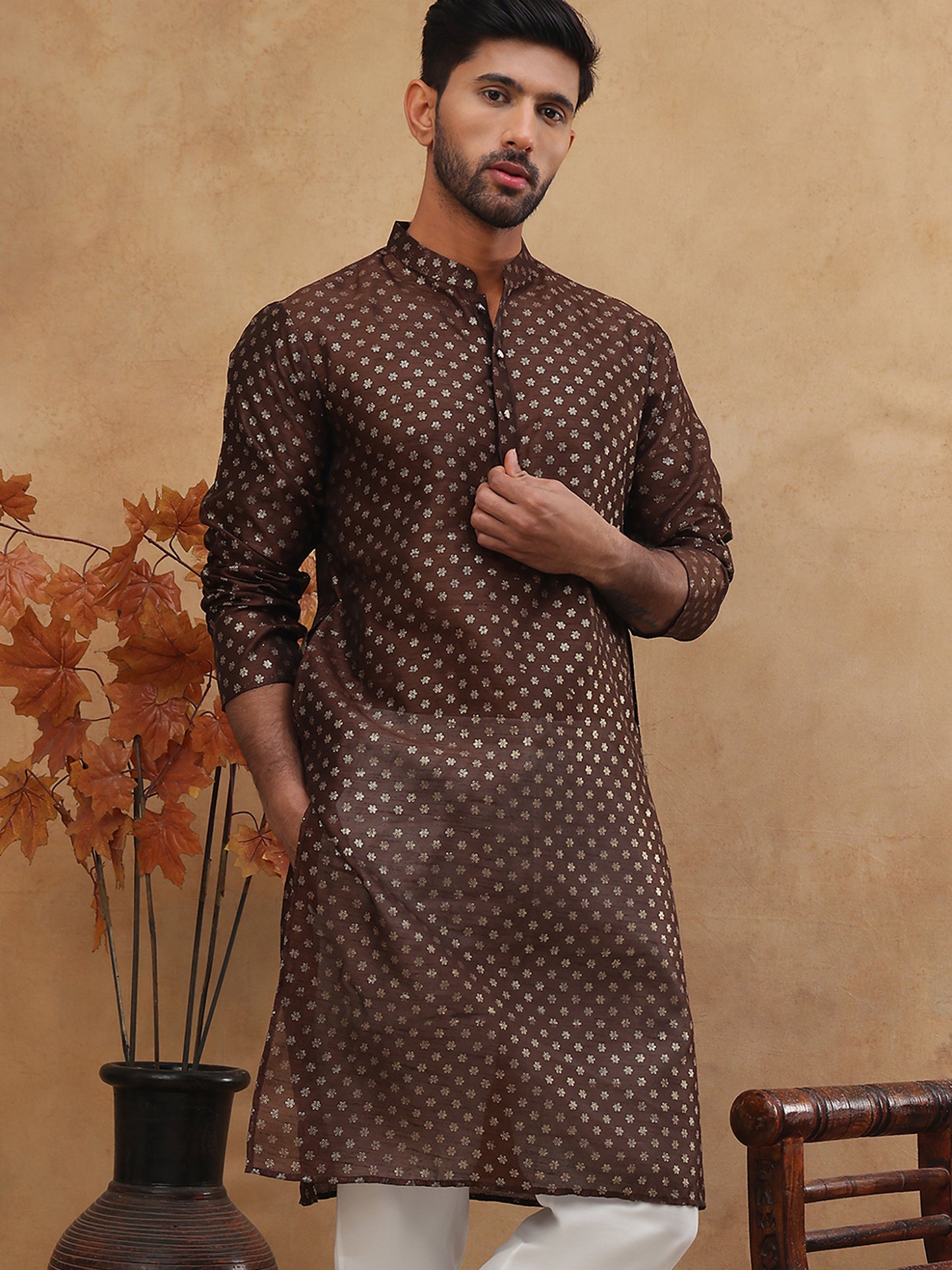 Men Silk Blend Printed Kurta ( ANMKO 309Brown )