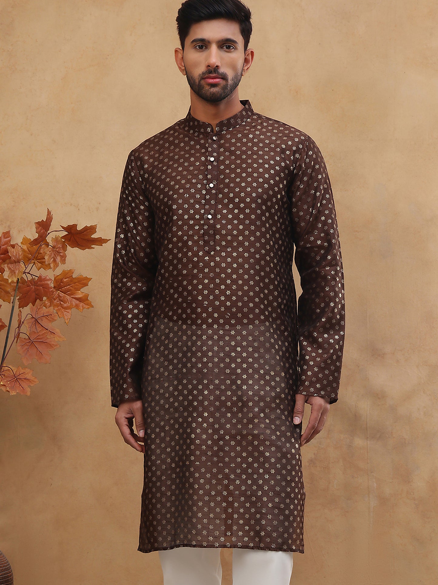 Men Silk Blend Printed Kurta ( ANMKO 309Brown )