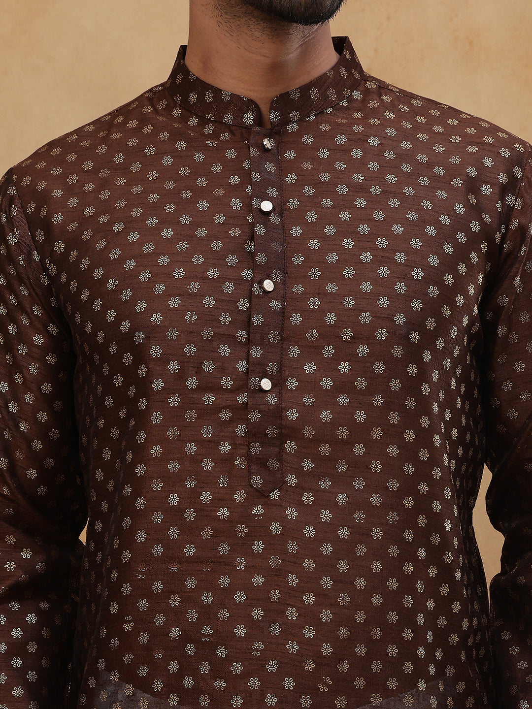 Men Silk Blend Printed Kurta ( ANMKO 309Brown )