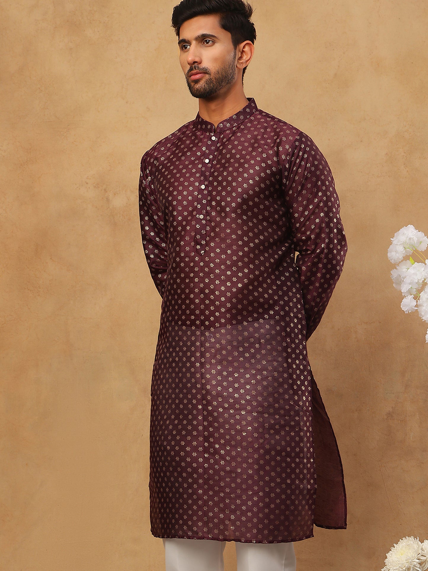 Men Silk Blend Printed Kurta ( ANMKO 309Maroon )
